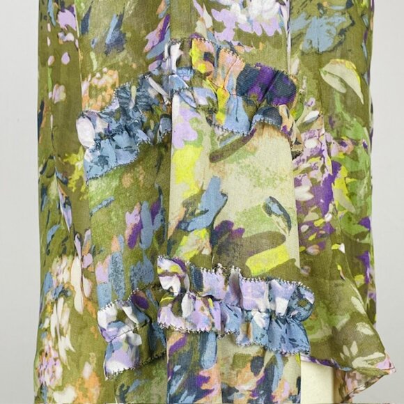 White House Black Market V Neck Top Sz SP Sheer Ruffle Floral Forest Fairy - Picture 4 of 8